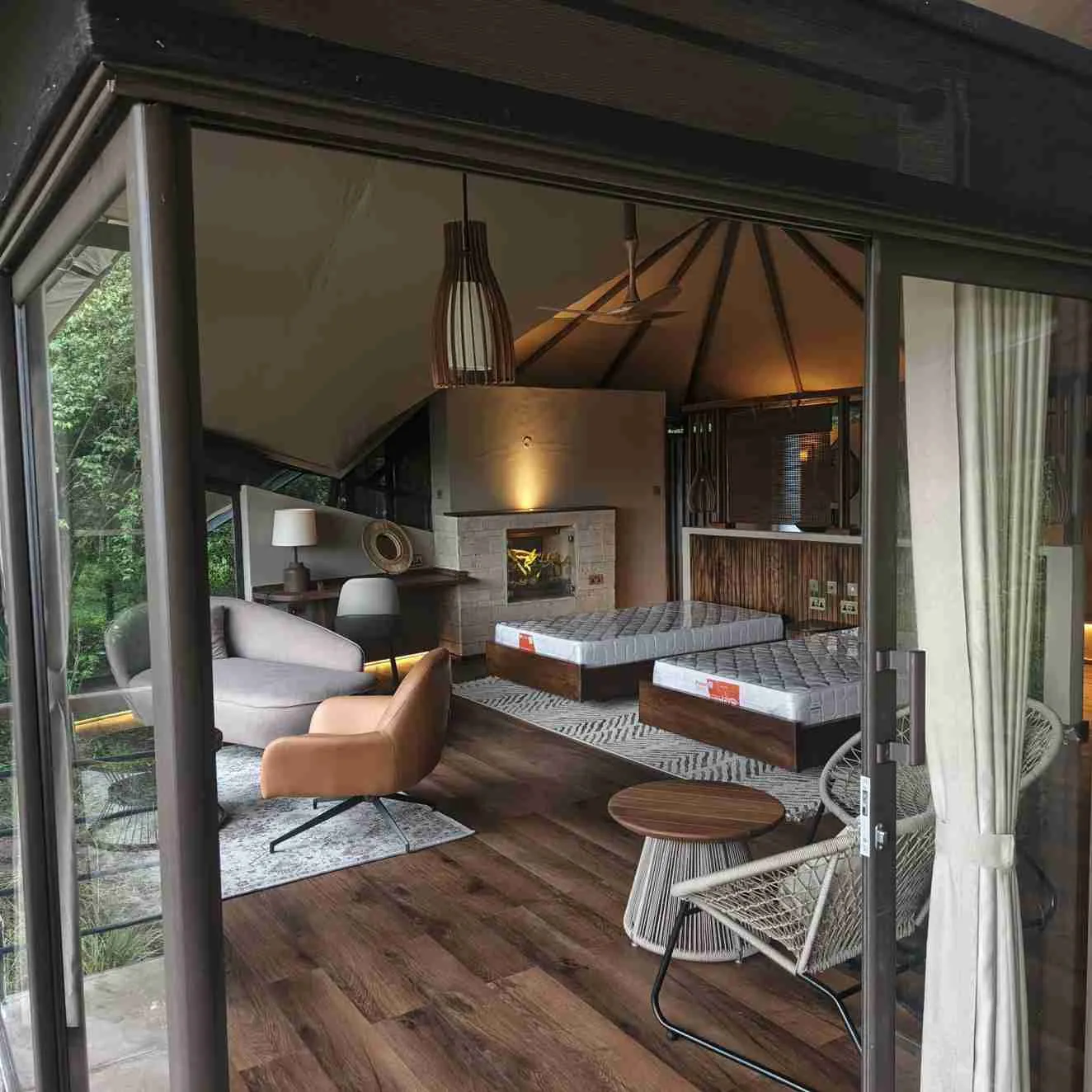 Interior of a luxury tented suite at a safari camp